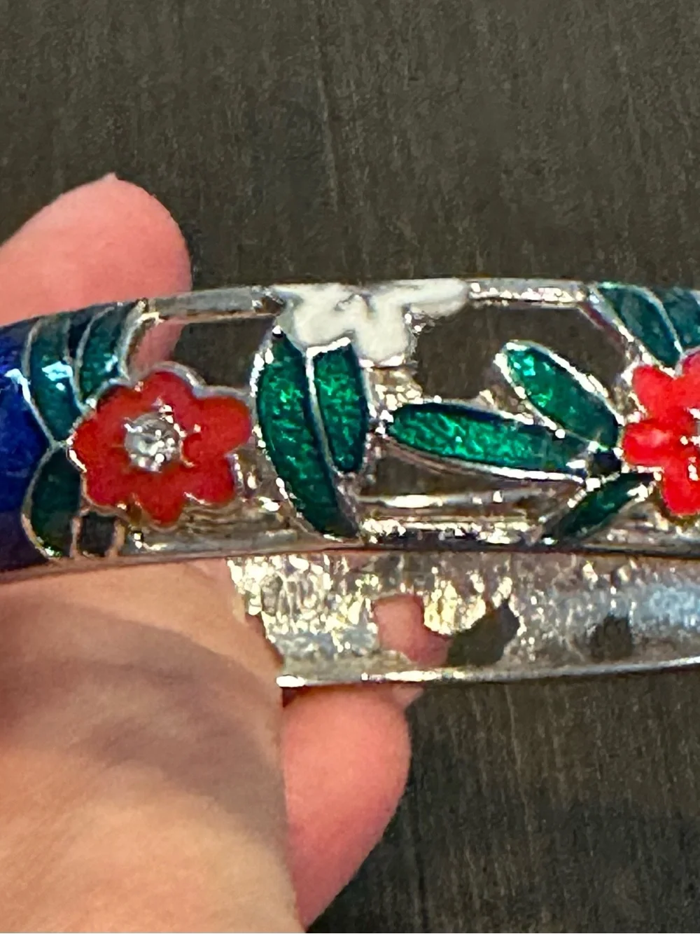 Vintage Jiu Long Xing Floral Enamel Hinged Bangle Bracelet Signed Blue Cloisonne